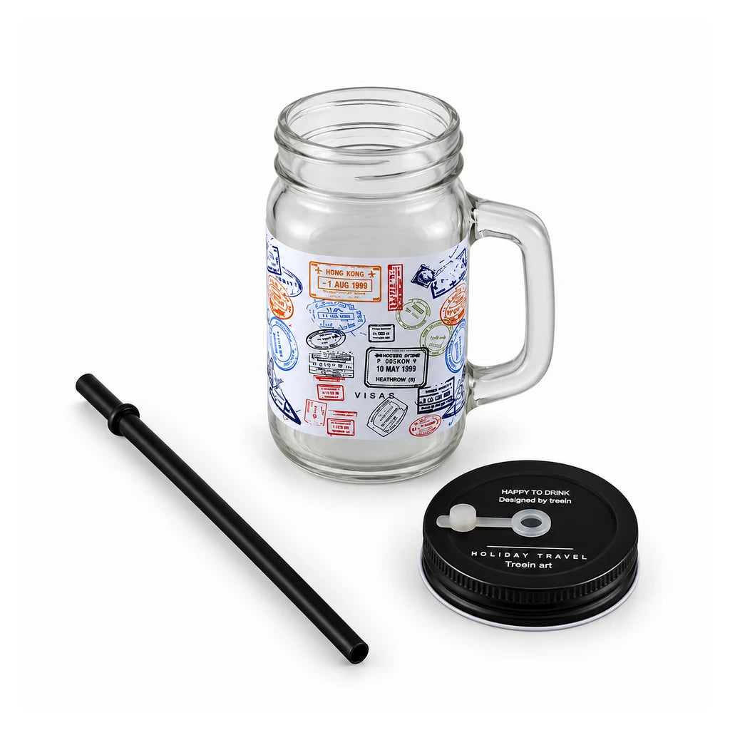 Kleeyo Travel Stamps 450 ml Glass Mason Jar with Straw