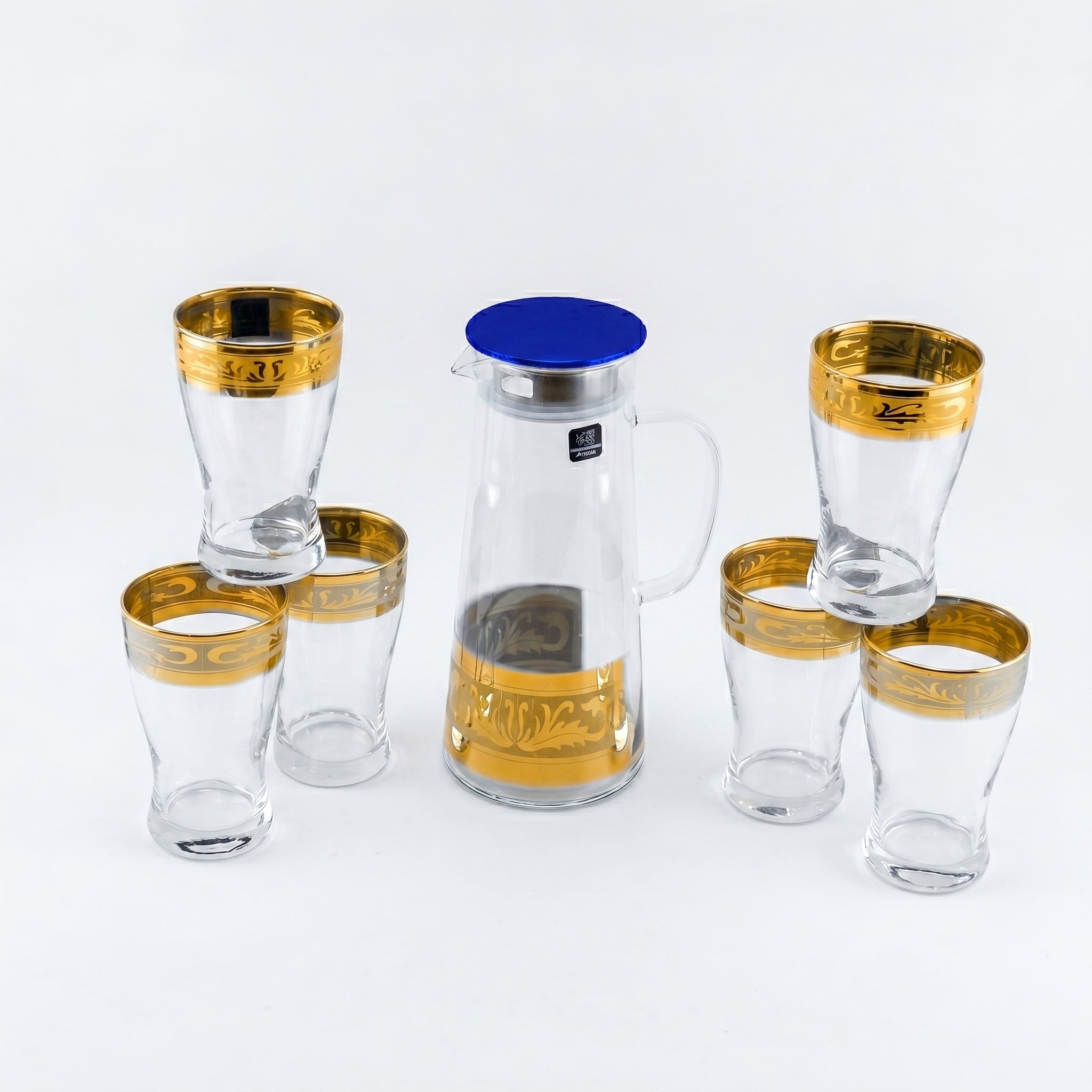 Home Table 7-Piece Gold Rim Water Glass and Jug With Blue Lid Sets