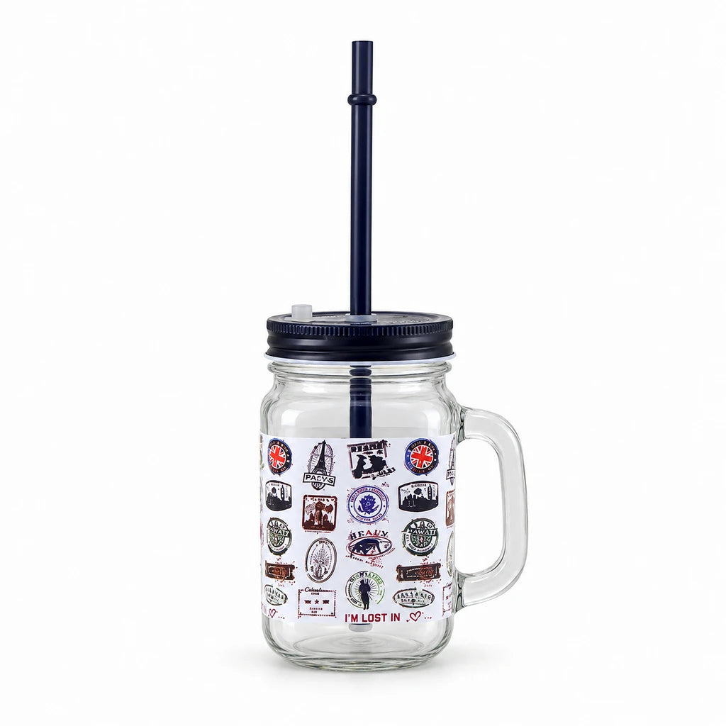 Kleeyo Passport Stamps 450 ml Glass Mason Jar with Straw