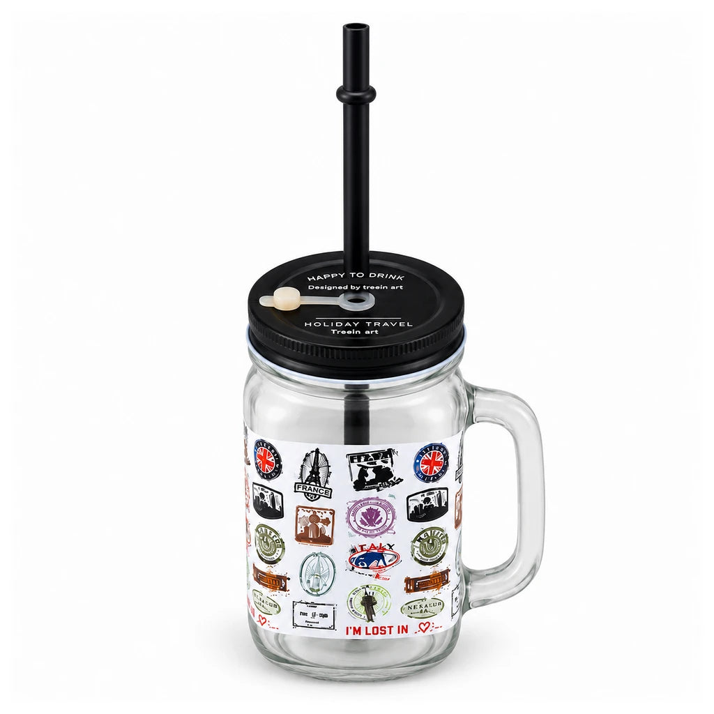 Kleeyo Passport Stamps 450 ml Glass Mason Jar with Straw