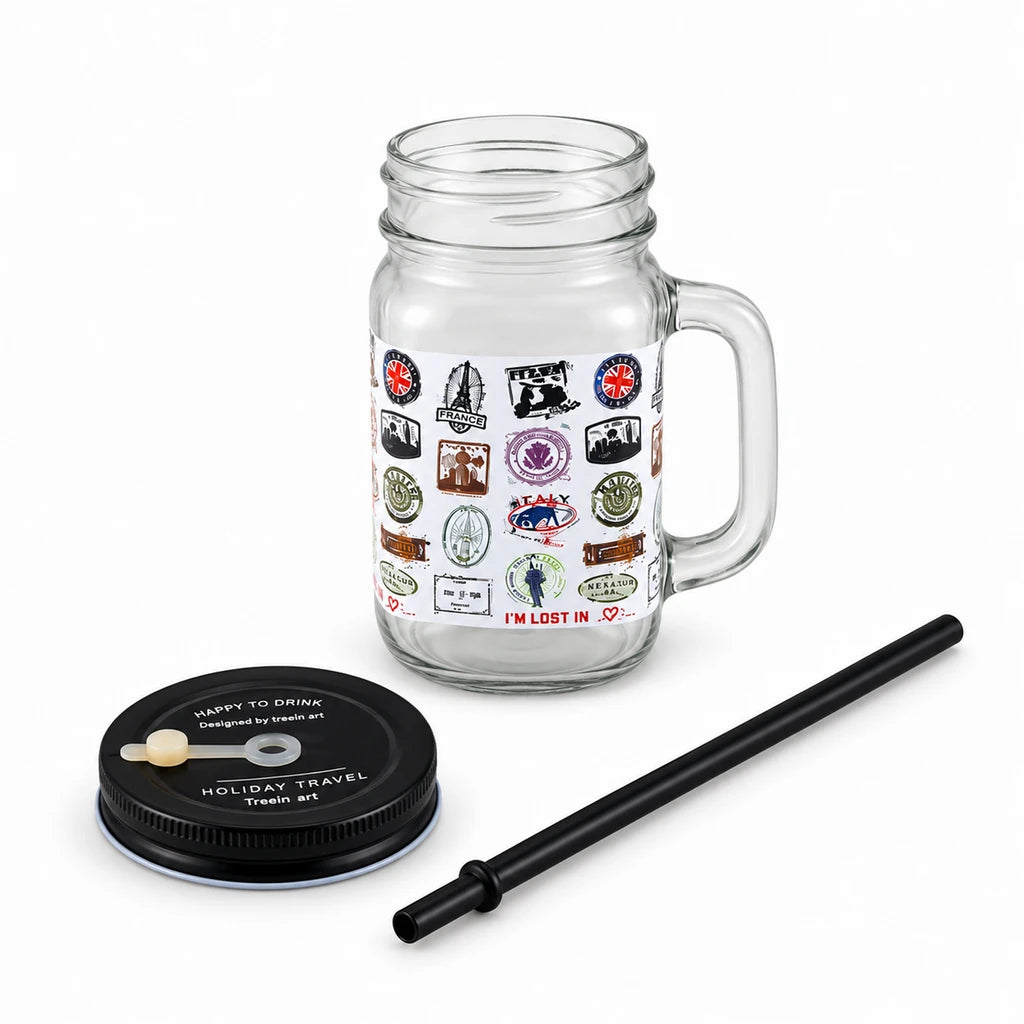 Kleeyo Passport Stamps 450 ml Glass Mason Jar with Straw