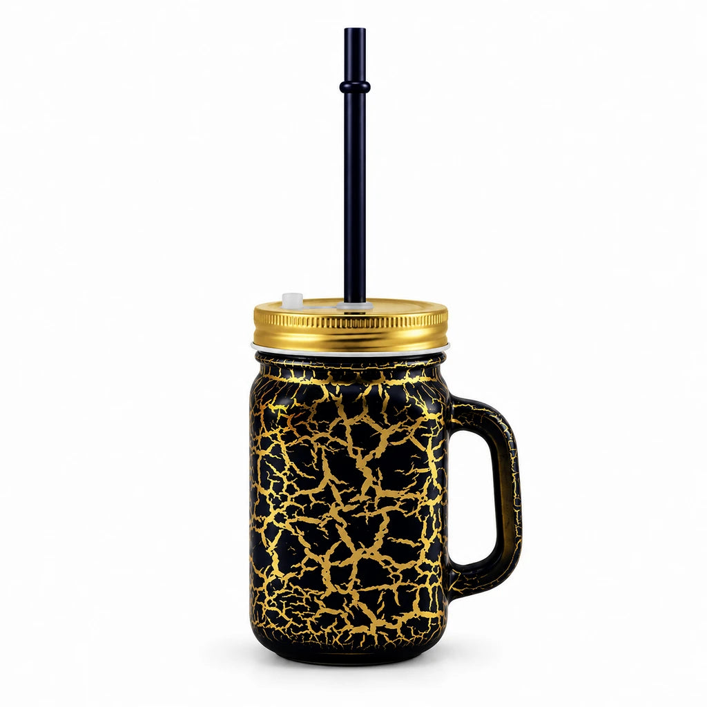 Kleeyo Black & Gold Crackle 450 ml Glass Mason Jar