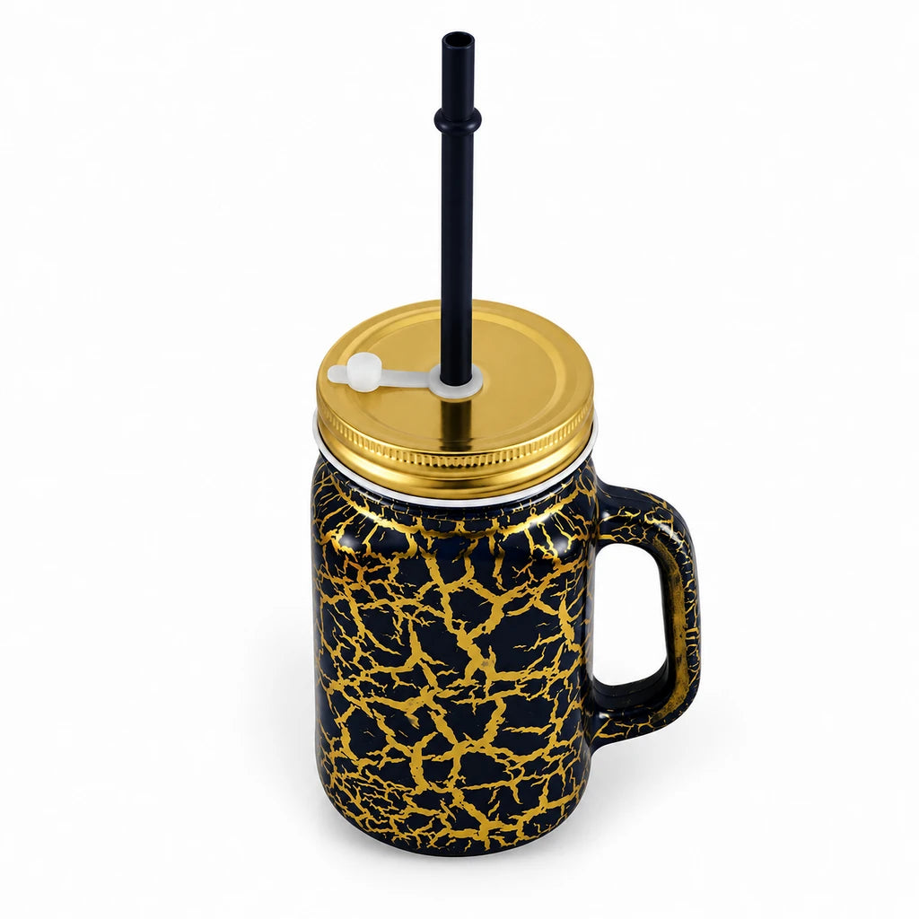 Kleeyo Black & Gold Crackle 450 ml Glass Mason Jar