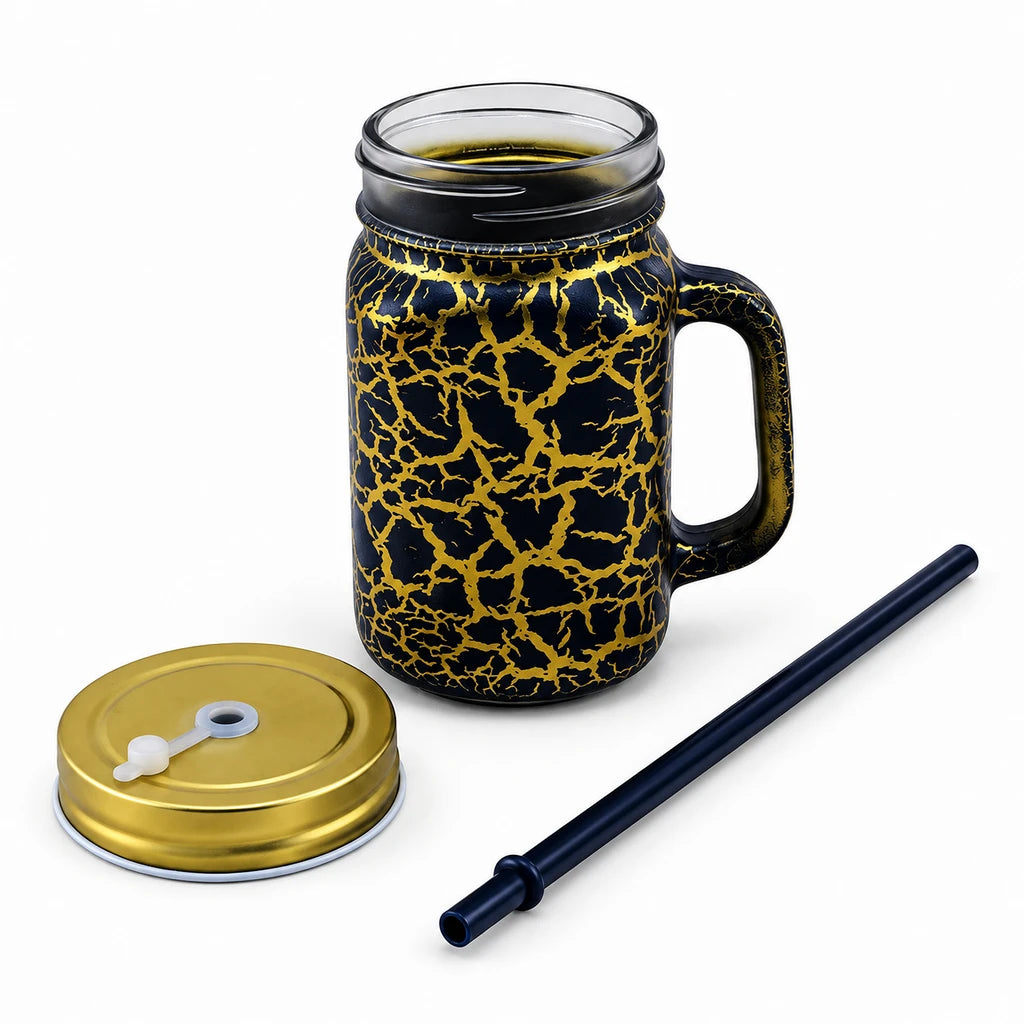 Kleeyo Black & Gold Crackle 450 ml Glass Mason Jar