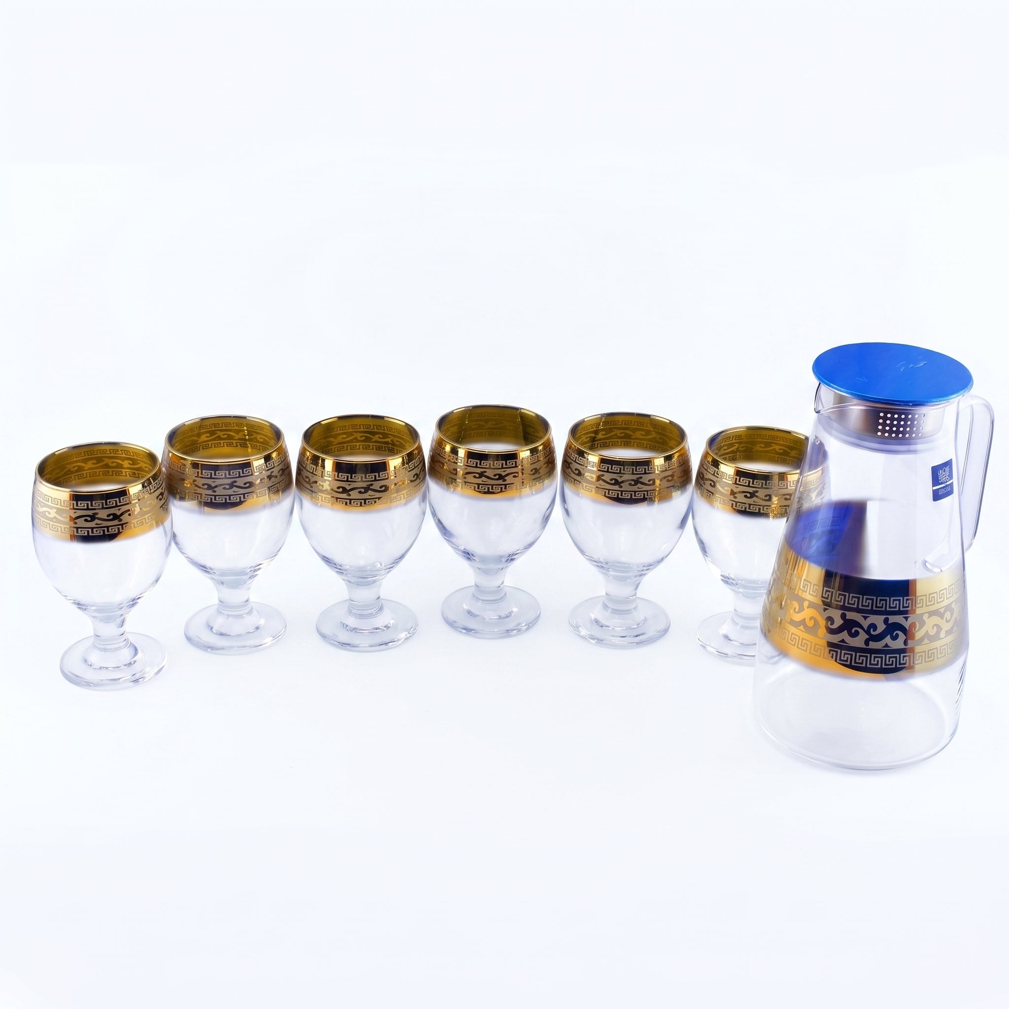 Home Table 7-Piece Gold Rim Water Glass and Jug With Blue Lid Sets