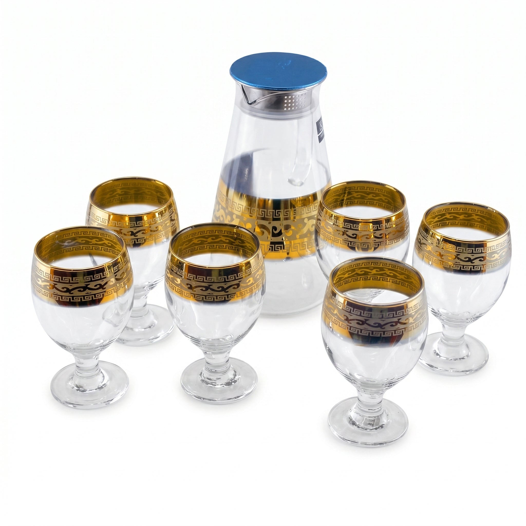 Home Table 7-Piece Gold Rim Water Glass and Jug With Blue Lid Sets