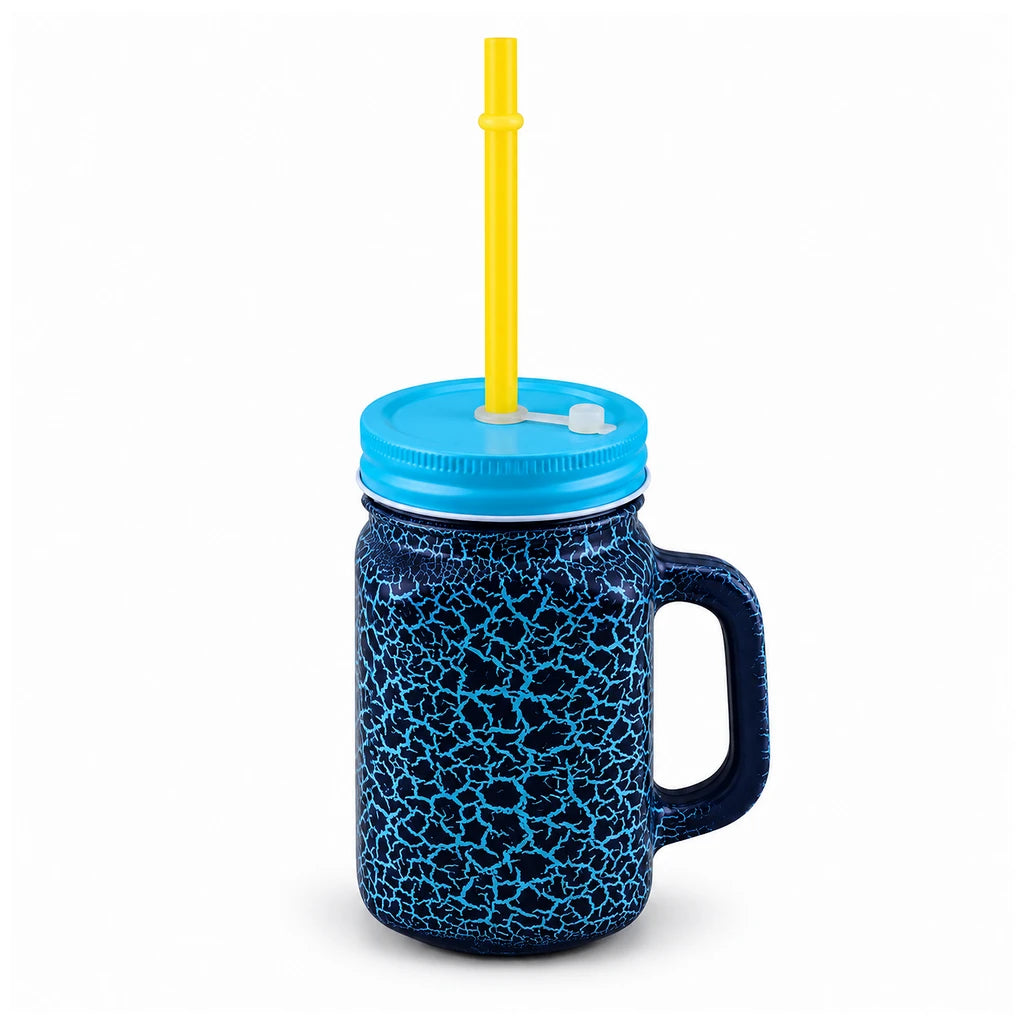 Kleeyo Blue Crackle 450 ml Glass Mason Jar with Straw