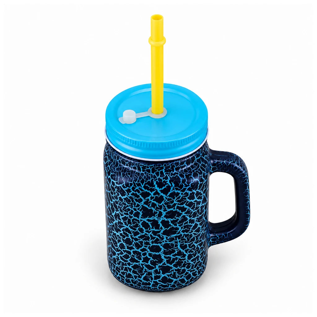 Kleeyo Blue Crackle 450 ml Glass Mason Jar with Straw