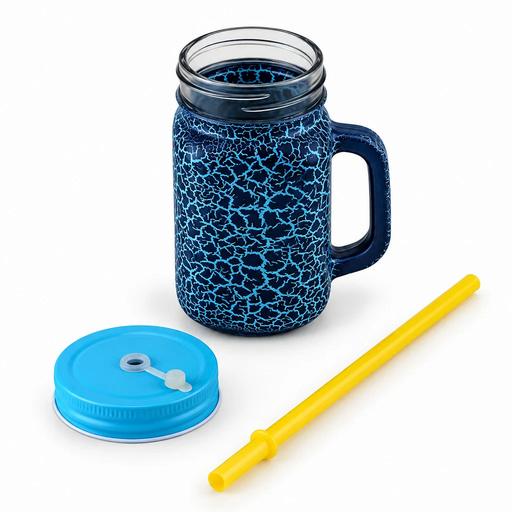 Kleeyo Blue Crackle 450 ml Glass Mason Jar with Straw