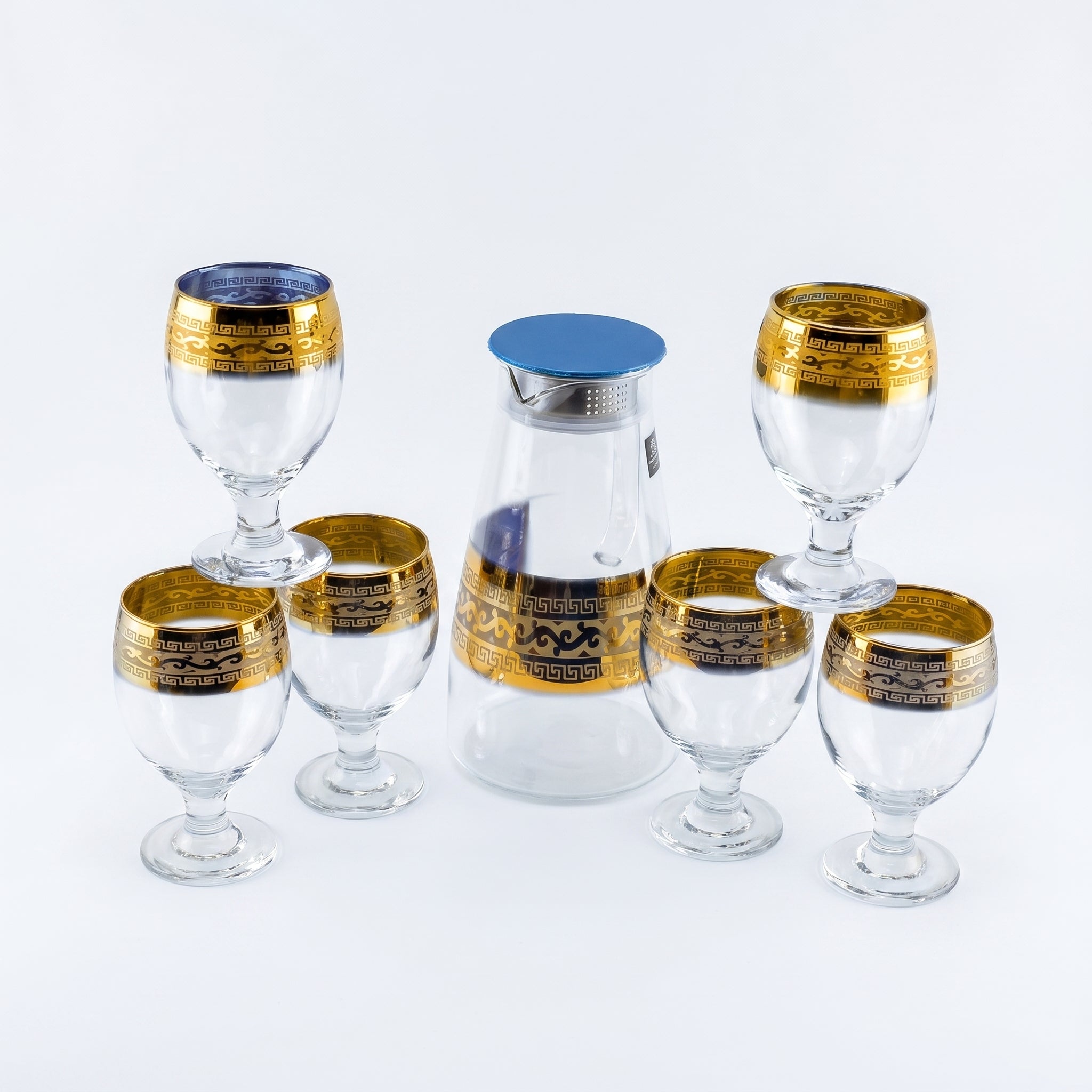 Home Table 7-Piece Gold Rim Water Glass and Jug With Blue Lid Sets