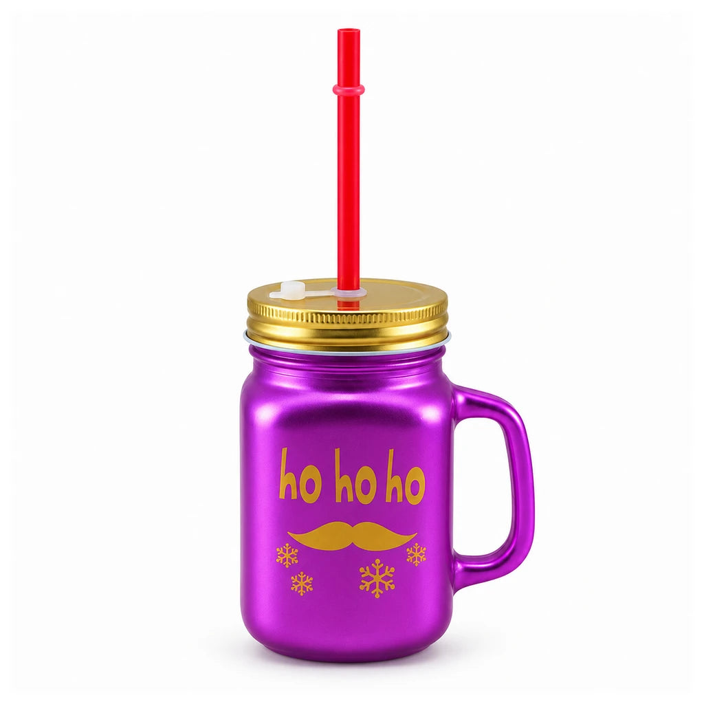Kleeyo Purple Ho Ho Ho 450 ml Glass Mason Jar with Straw