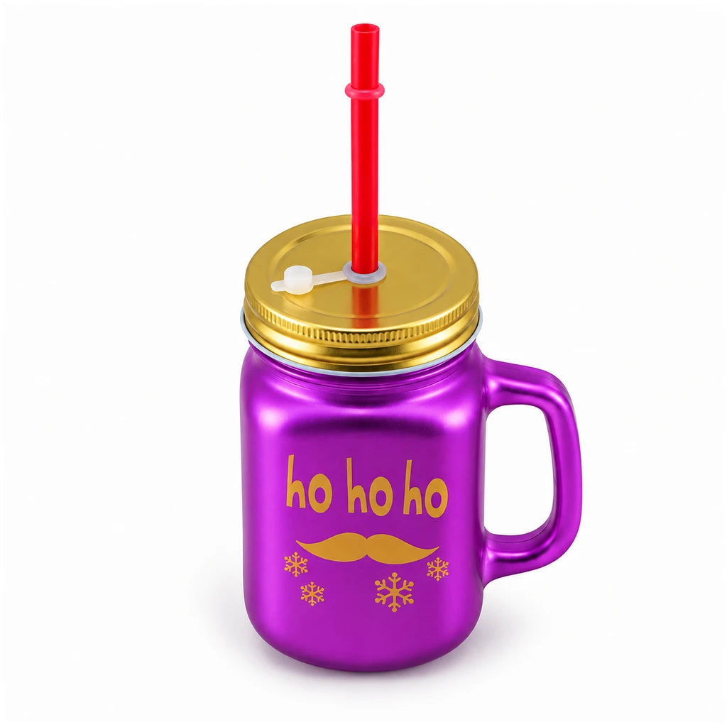 Kleeyo Purple Ho Ho Ho 450 ml Glass Mason Jar with Straw