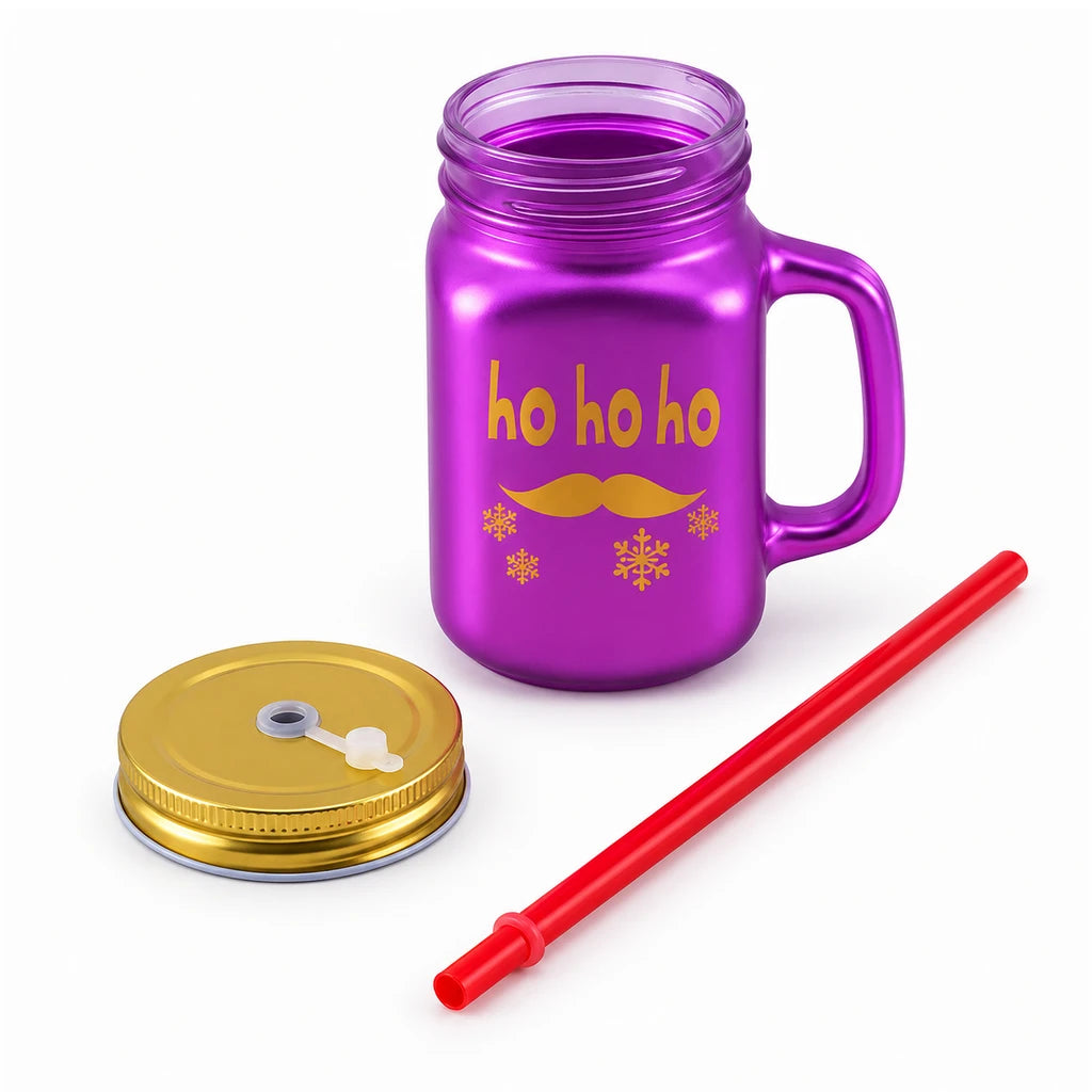 Kleeyo Purple Ho Ho Ho 450 ml Glass Mason Jar with Straw