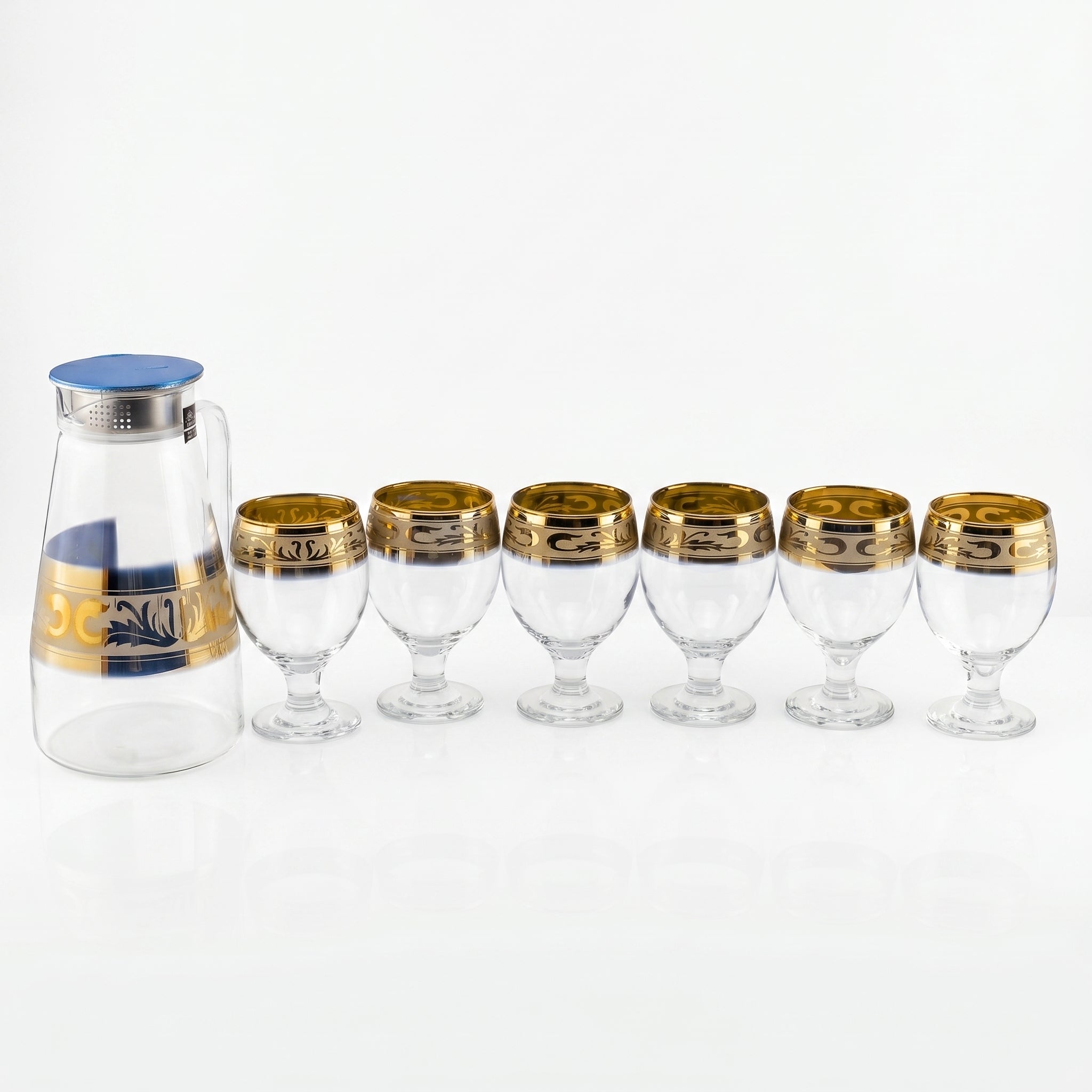 Home Table 7-Piece Gold Rim Water Glass and Jug With Blue Lid Sets
