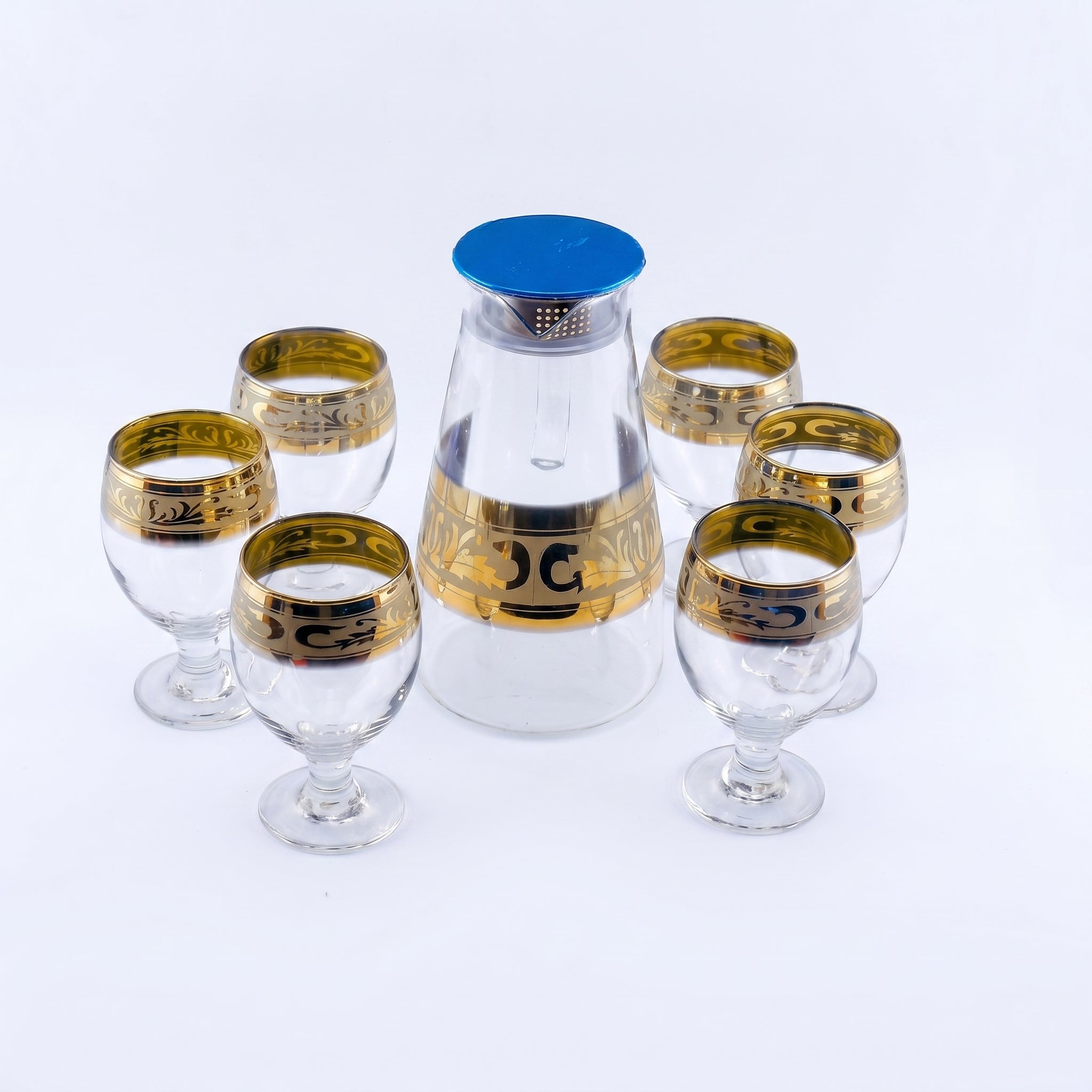 Home Table 7-Piece Gold Rim Water Glass and Jug With Blue Lid Sets
