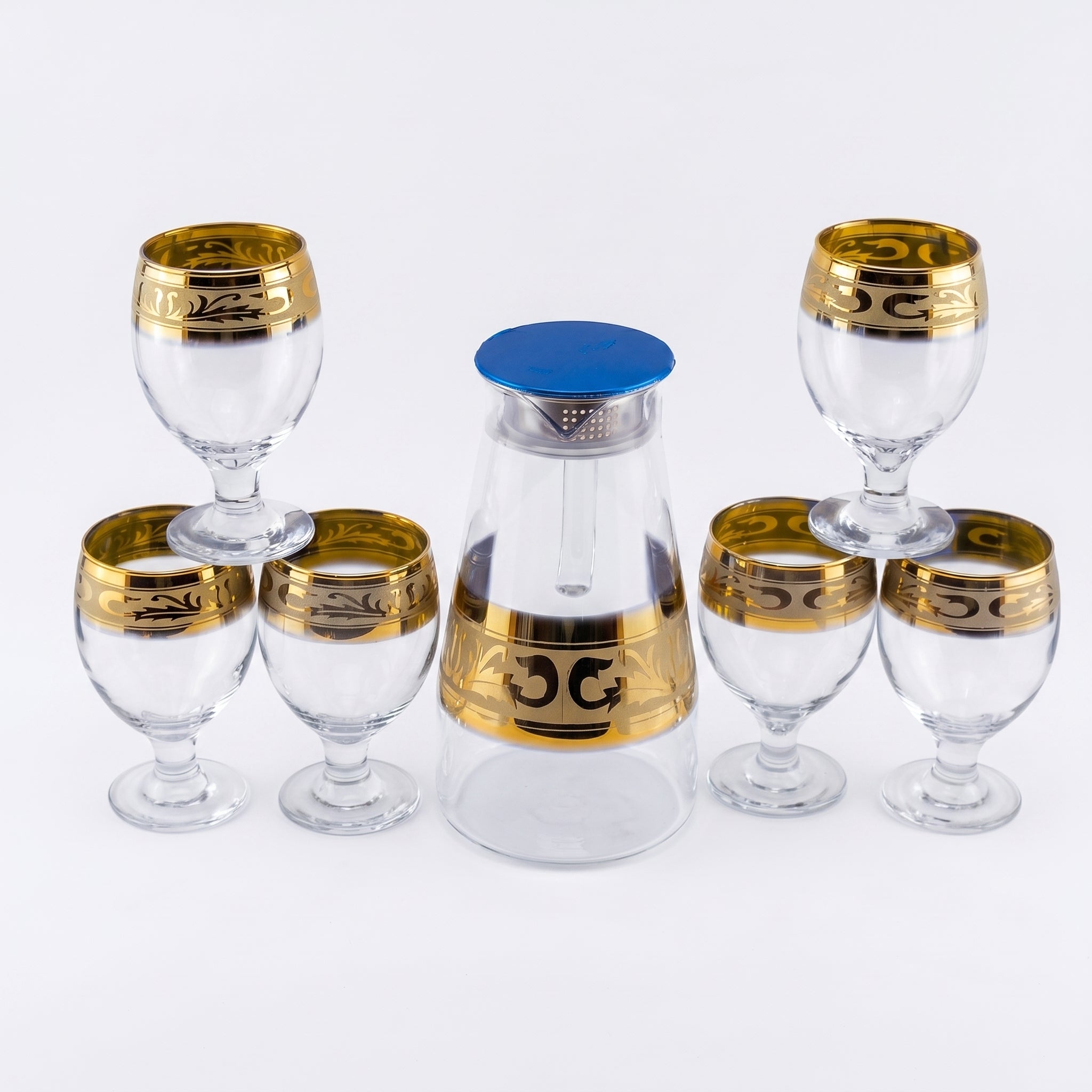 Home Table 7-Piece Gold Rim Water Glass and Jug With Blue Lid Sets