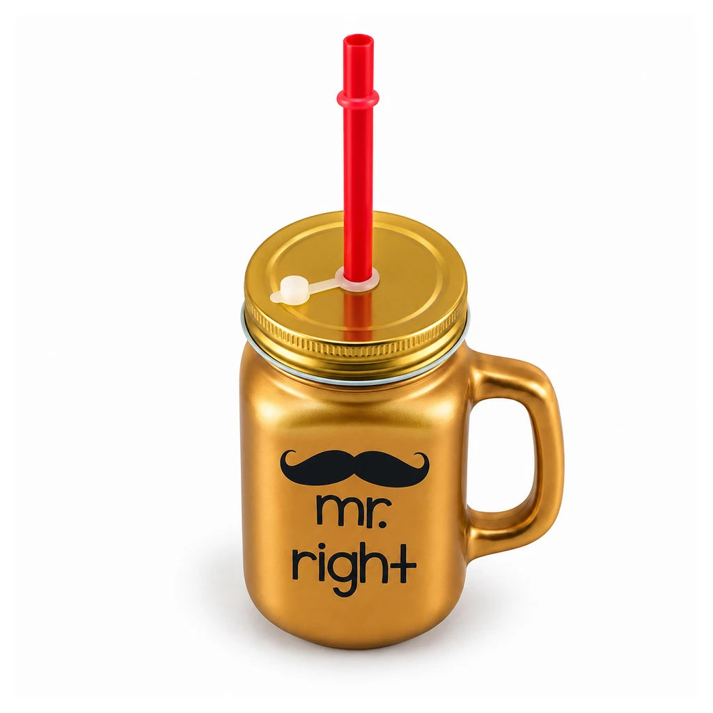 Kleeyo Golden Mr. Right Glass Drinking Mason Jar, 450 ml
