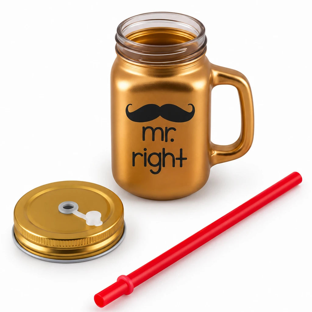 Kleeyo Golden Mr. Right Glass Drinking Mason Jar, 450 ml