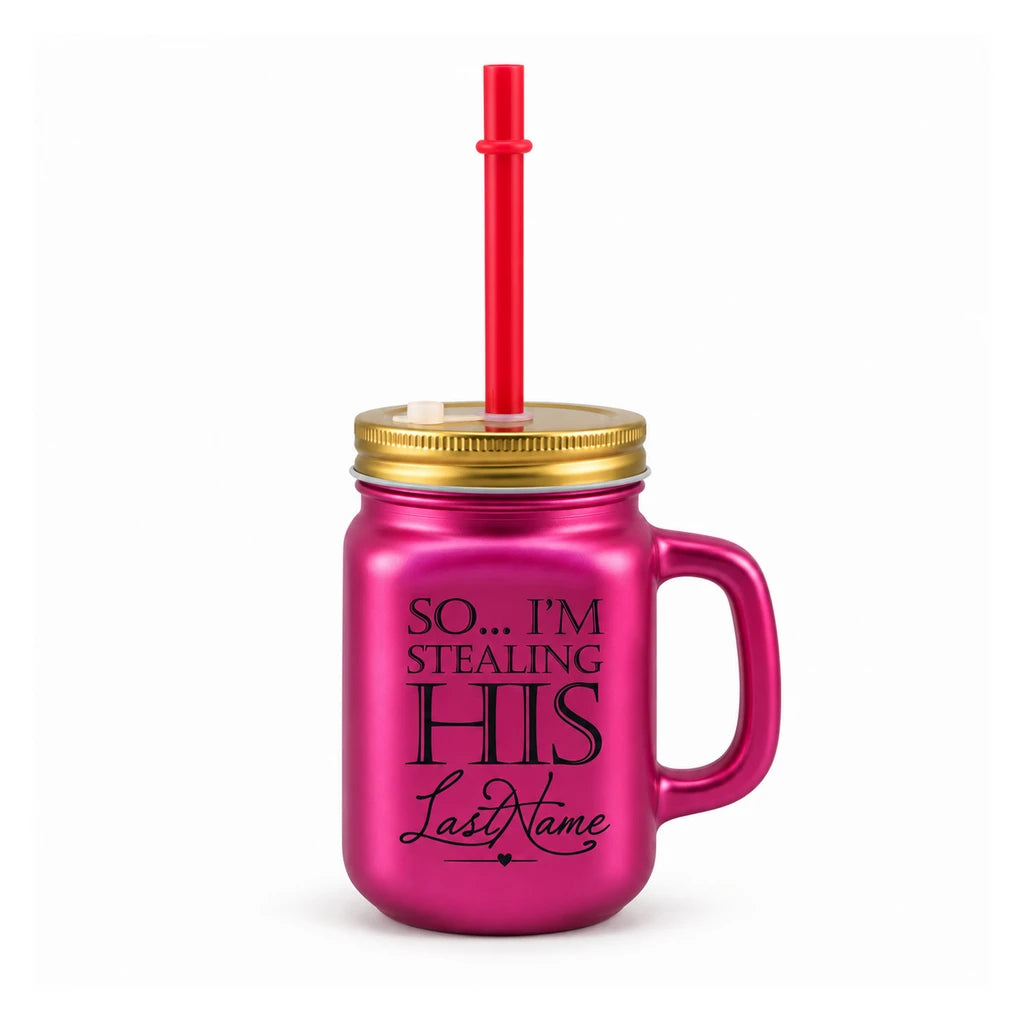 Kleeyo Fuchsia Last Name Glass Drinking Mason Jar, 450 ml
