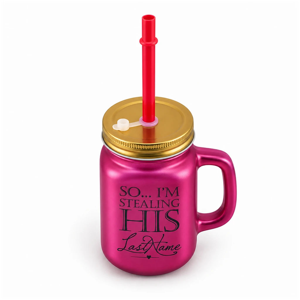 Kleeyo Fuchsia Last Name Glass Drinking Mason Jar, 450 ml