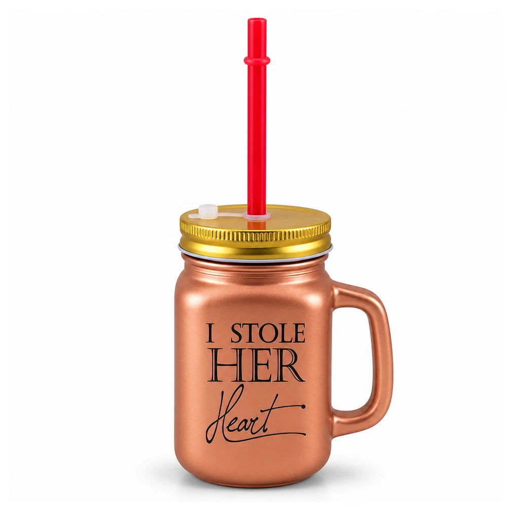 Kleeyo Copper Her Heart Glass Drinking Mason Jar, 450 ml