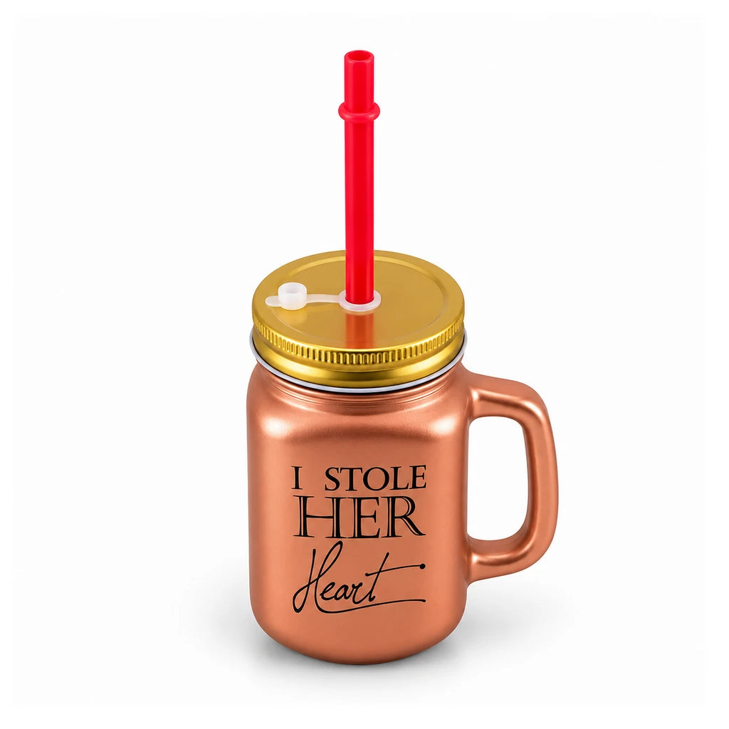Kleeyo Copper Her Heart Glass Drinking Mason Jar, 450 ml