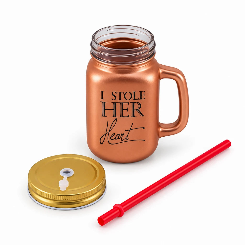 Kleeyo Copper Her Heart Glass Drinking Mason Jar, 450 ml