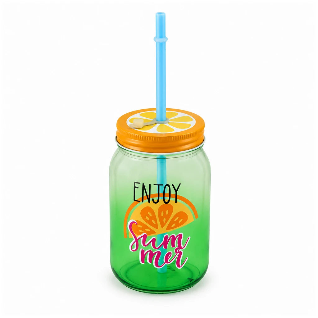 Kleeyo Green Enjoy Summer Glass Drinking Mason Jar, 450 ml