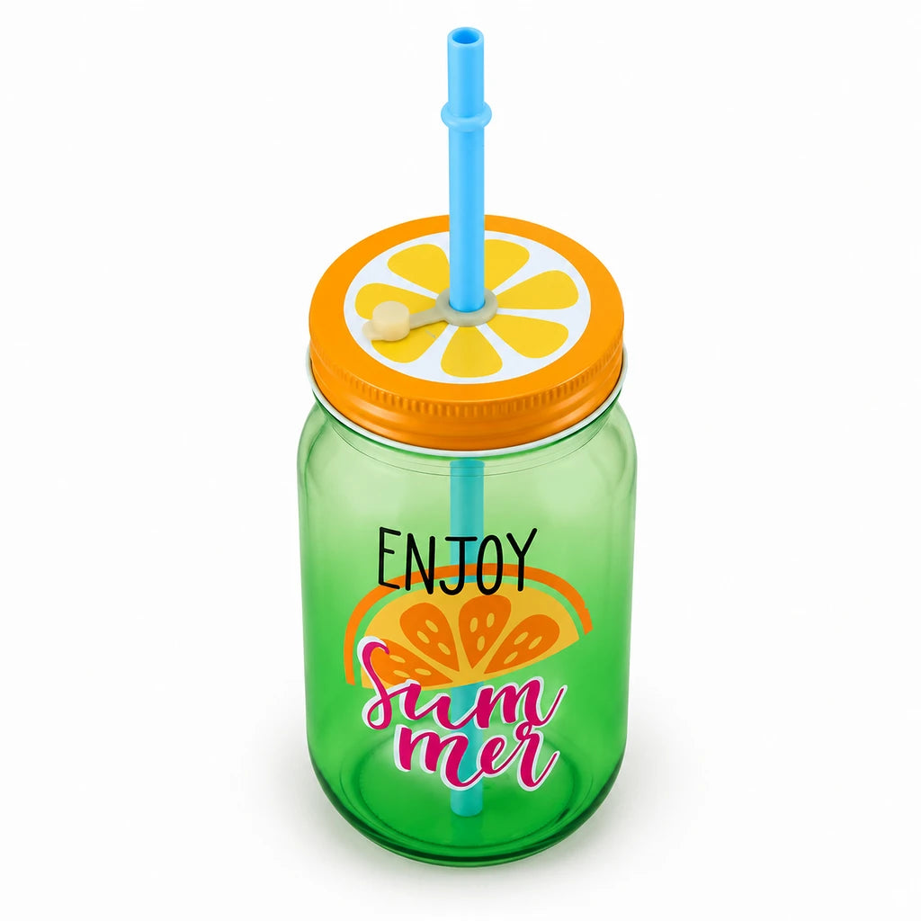 Kleeyo Green Enjoy Summer Glass Drinking Mason Jar, 450 ml