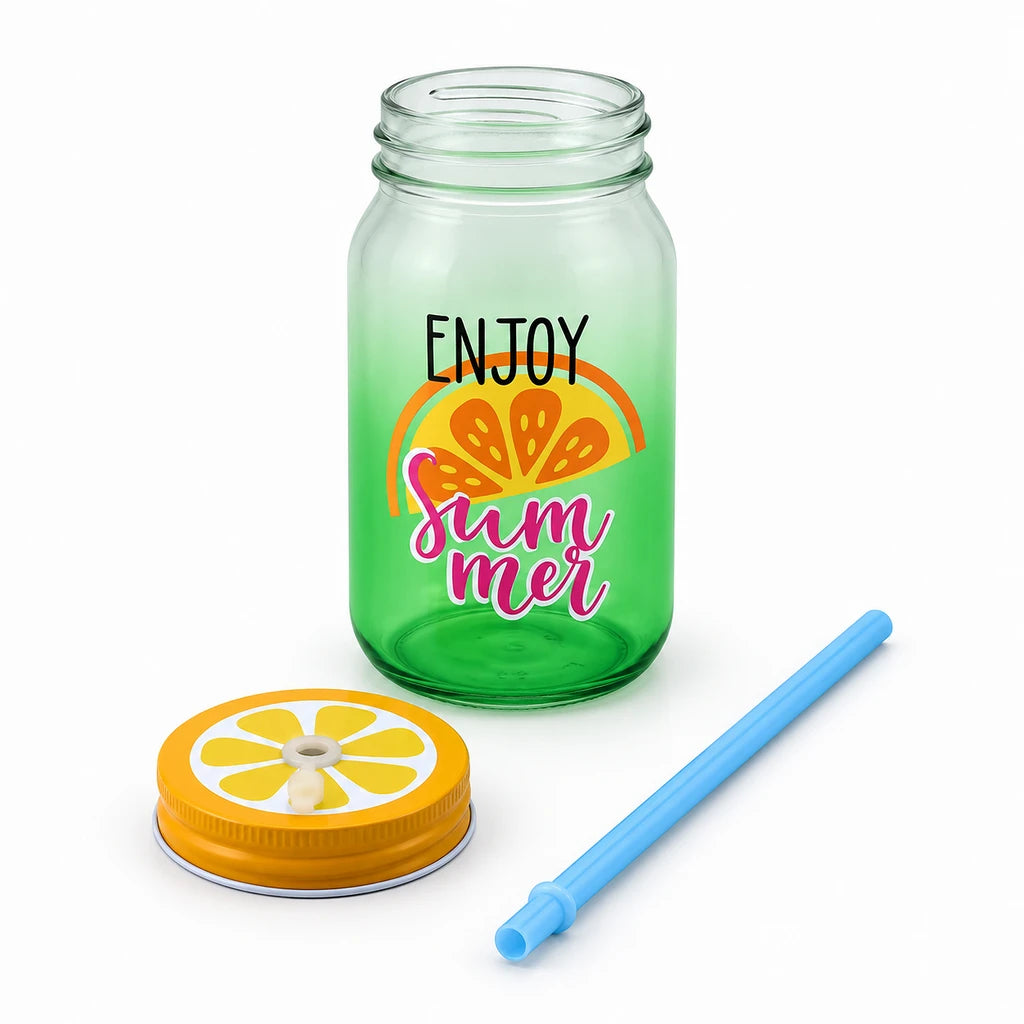 Kleeyo Green Enjoy Summer Glass Drinking Mason Jar, 450 ml