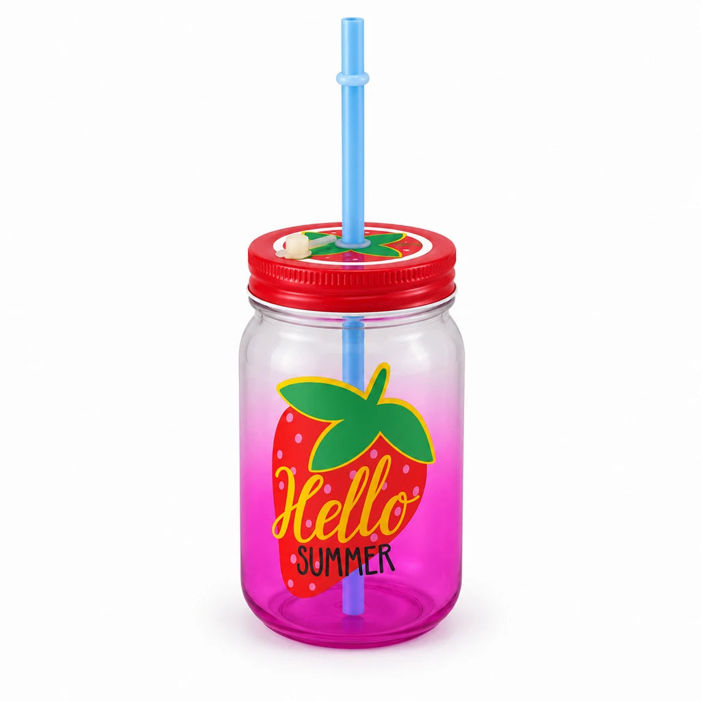 Kleeyo Pink Hello Summer Glass Drinking Mason Jar, 450 ml