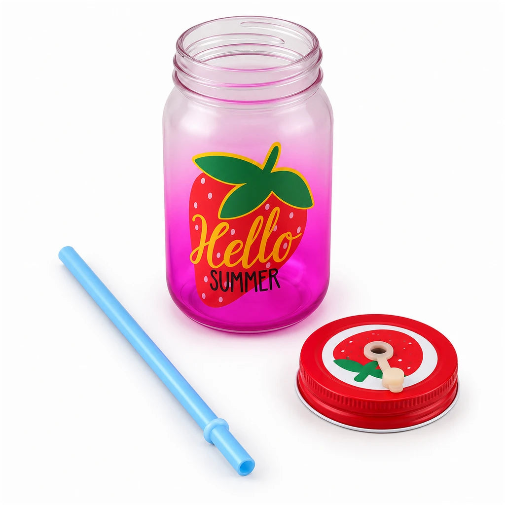 Kleeyo Pink Hello Summer Glass Drinking Mason Jar, 450 ml