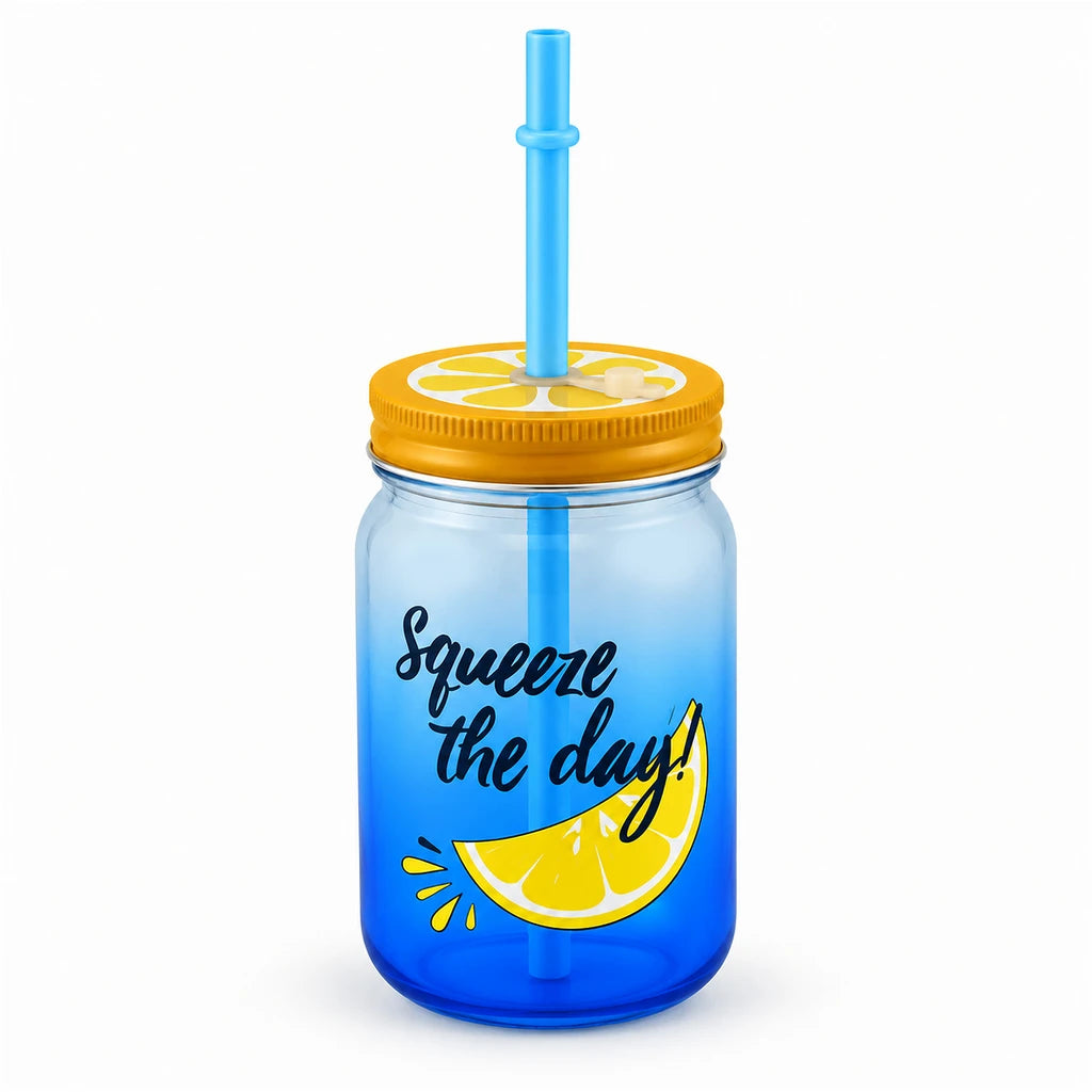Kleeyo Blue Squeeze the Day Glass Drinking Mason Jar, 450 ml