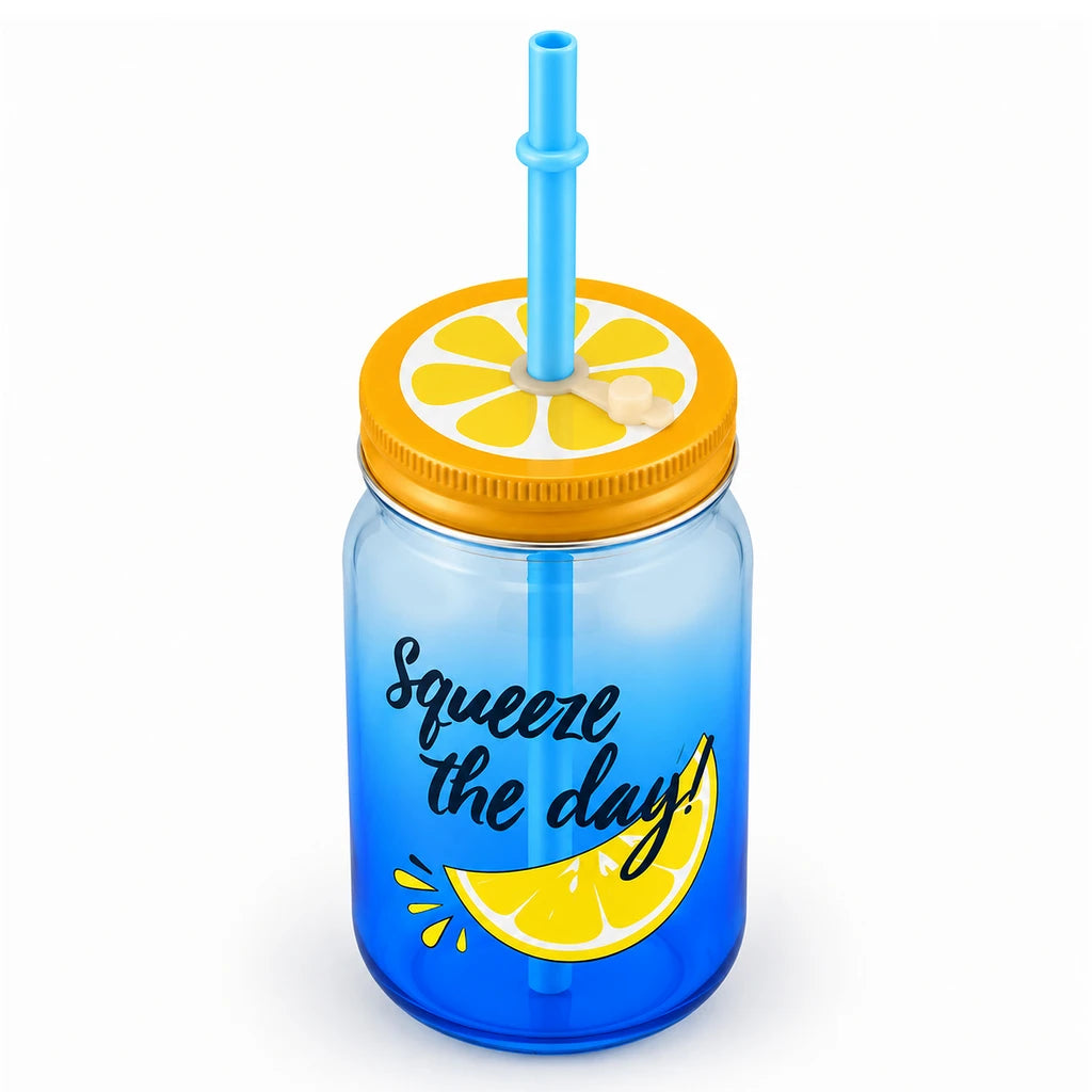 Kleeyo Blue Squeeze the Day Glass Drinking Mason Jar, 450 ml