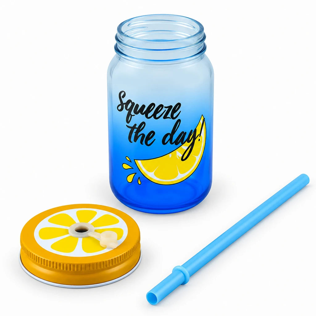 Kleeyo Blue Squeeze the Day Glass Drinking Mason Jar, 450 ml