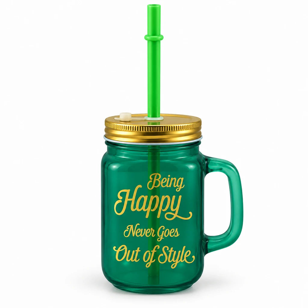 Kleeyo Green Being Happy Glass Drinking Mason Jar, 450 ml
