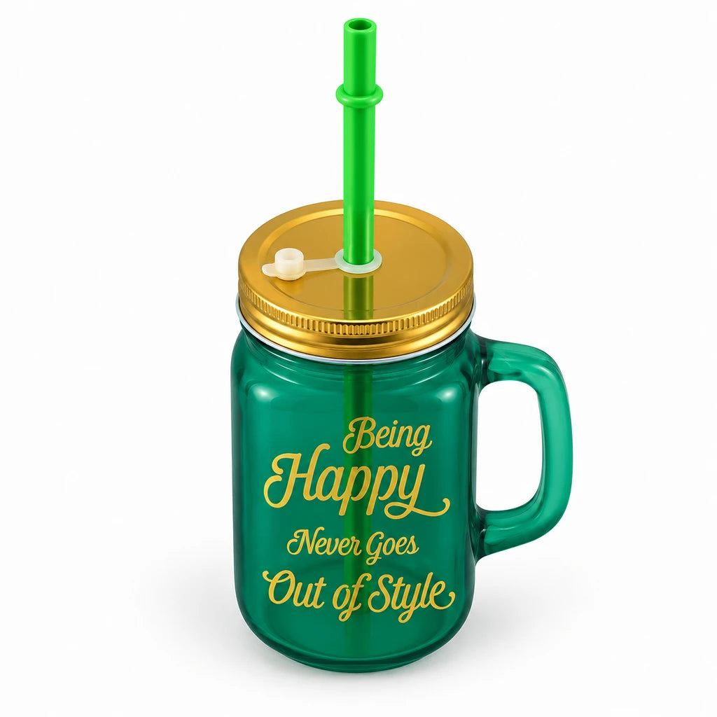Kleeyo Green Being Happy Glass Drinking Mason Jar, 450 ml