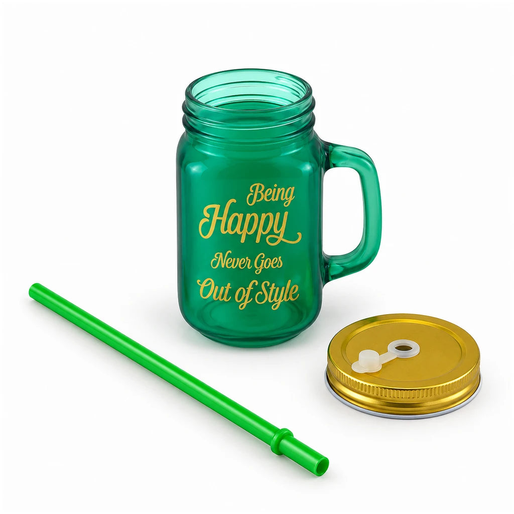 Kleeyo Green Being Happy Glass Drinking Mason Jar, 450 ml