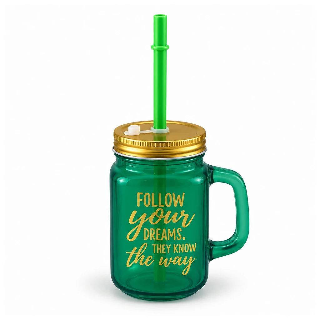 Kleeyo Green Follow Your Dreams Glass Mason Jar, 450 ml