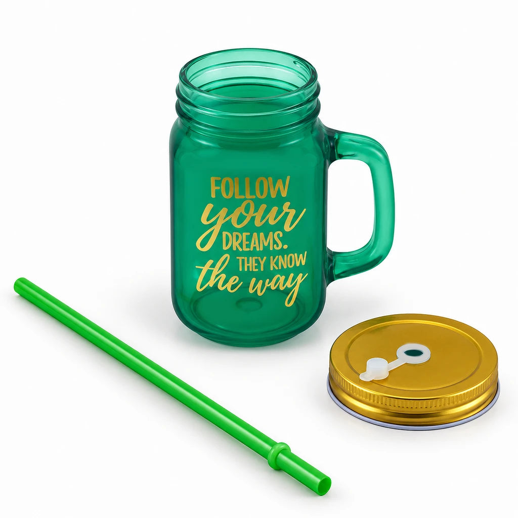 Kleeyo Green Follow Your Dreams Glass Mason Jar, 450 ml