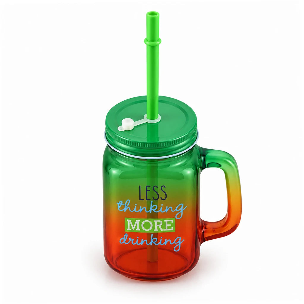 Kleeyo Green-Orange Less Thinking Glass Mason Jar, 450 ml