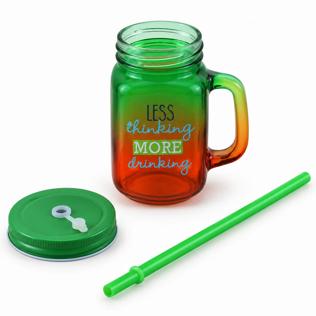 Kleeyo Green-Orange Less Thinking Glass Mason Jar, 450 ml
