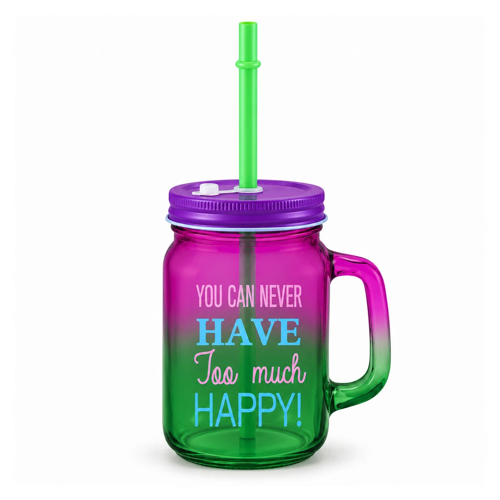 Kleeyo Pink-Green Too Much Happy Glass Mason Jar, 450 ml