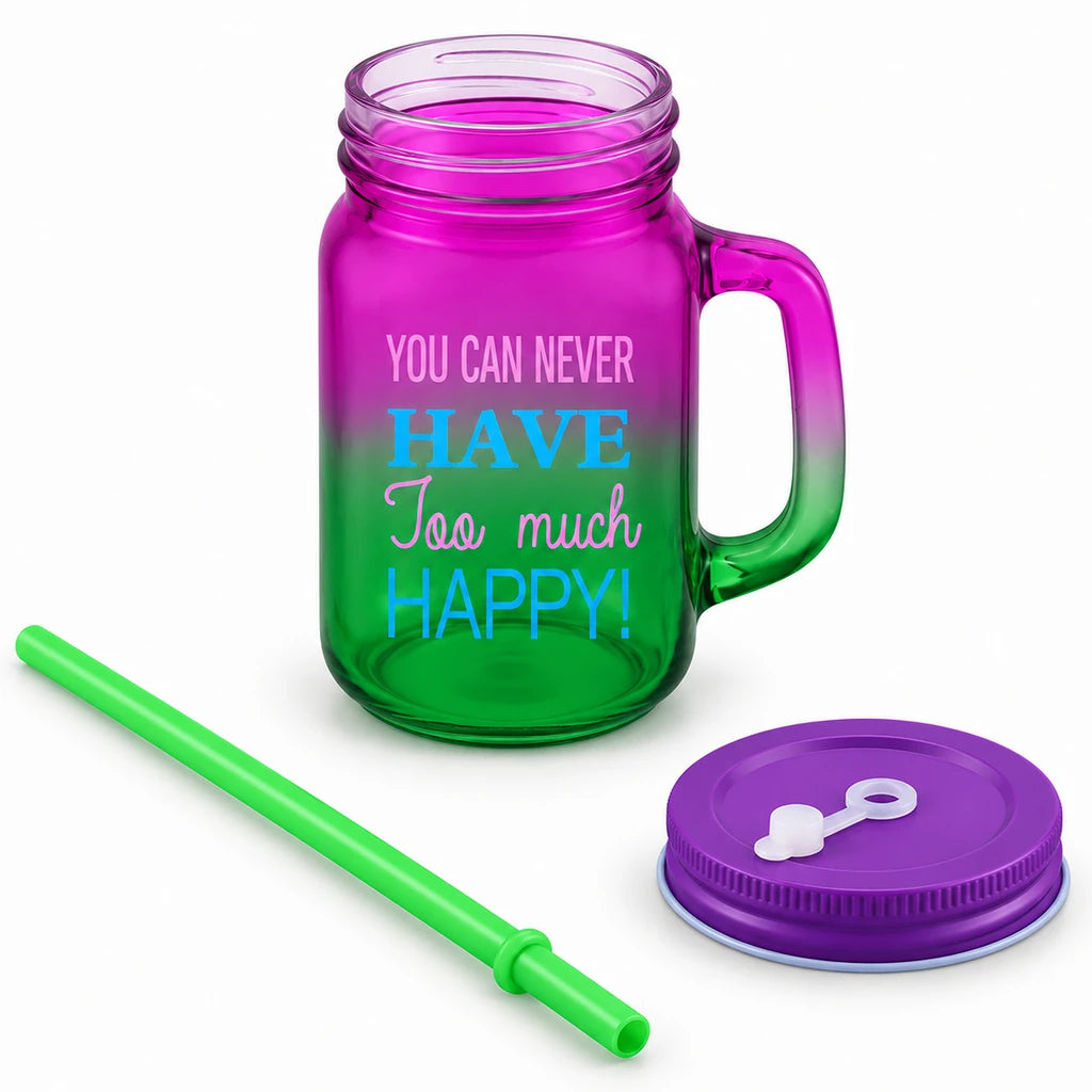 Kleeyo Pink-Green Too Much Happy Glass Mason Jar, 450 ml