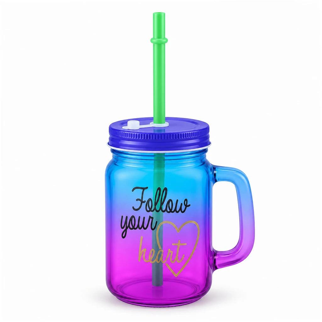 Kleeyo Blue-Pink Follow Your Heart Glass Mason Jar, 450 ml