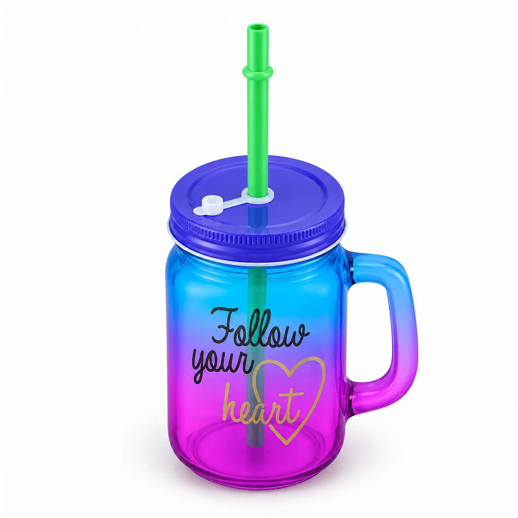 Kleeyo Blue-Pink Follow Your Heart Glass Mason Jar, 450 ml