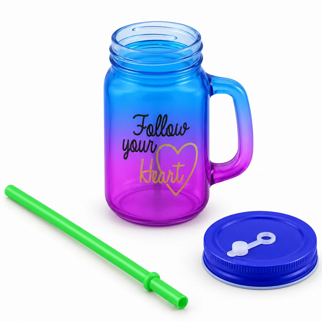 Kleeyo Blue-Pink Follow Your Heart Glass Mason Jar, 450 ml