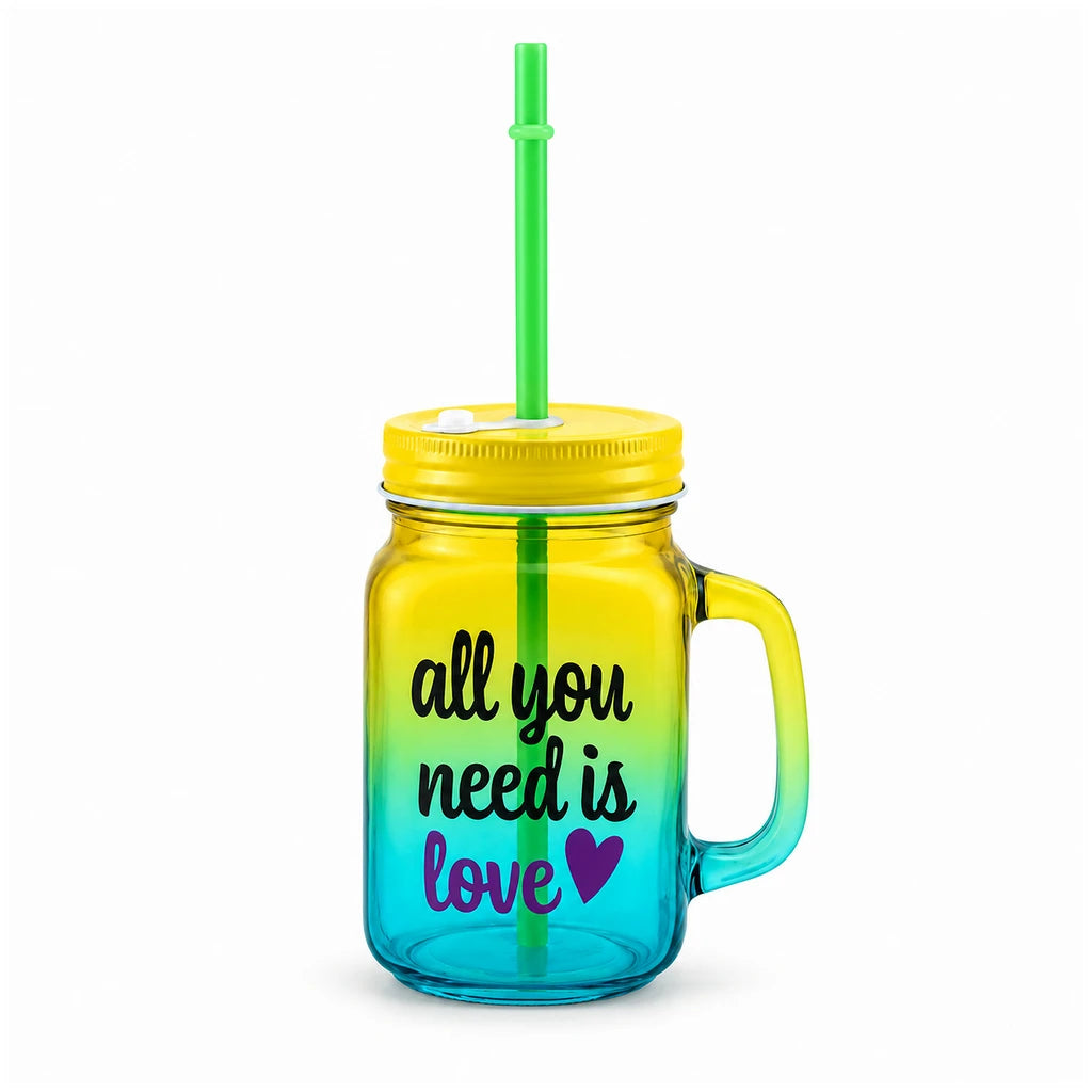 Kleeyo Yellow-Blue All You Need Is Love Glass Mason Jar, 450 ml