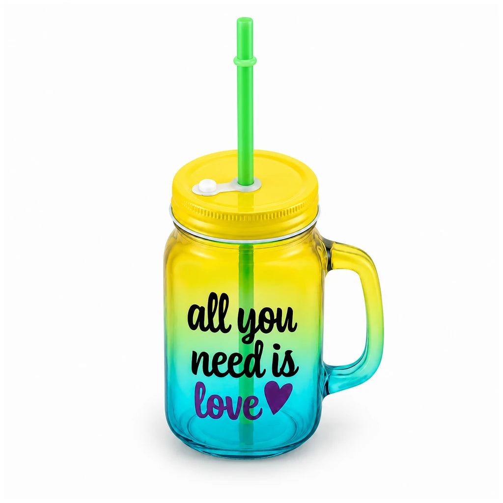 Kleeyo Yellow-Blue All You Need Is Love Glass Mason Jar, 450 ml