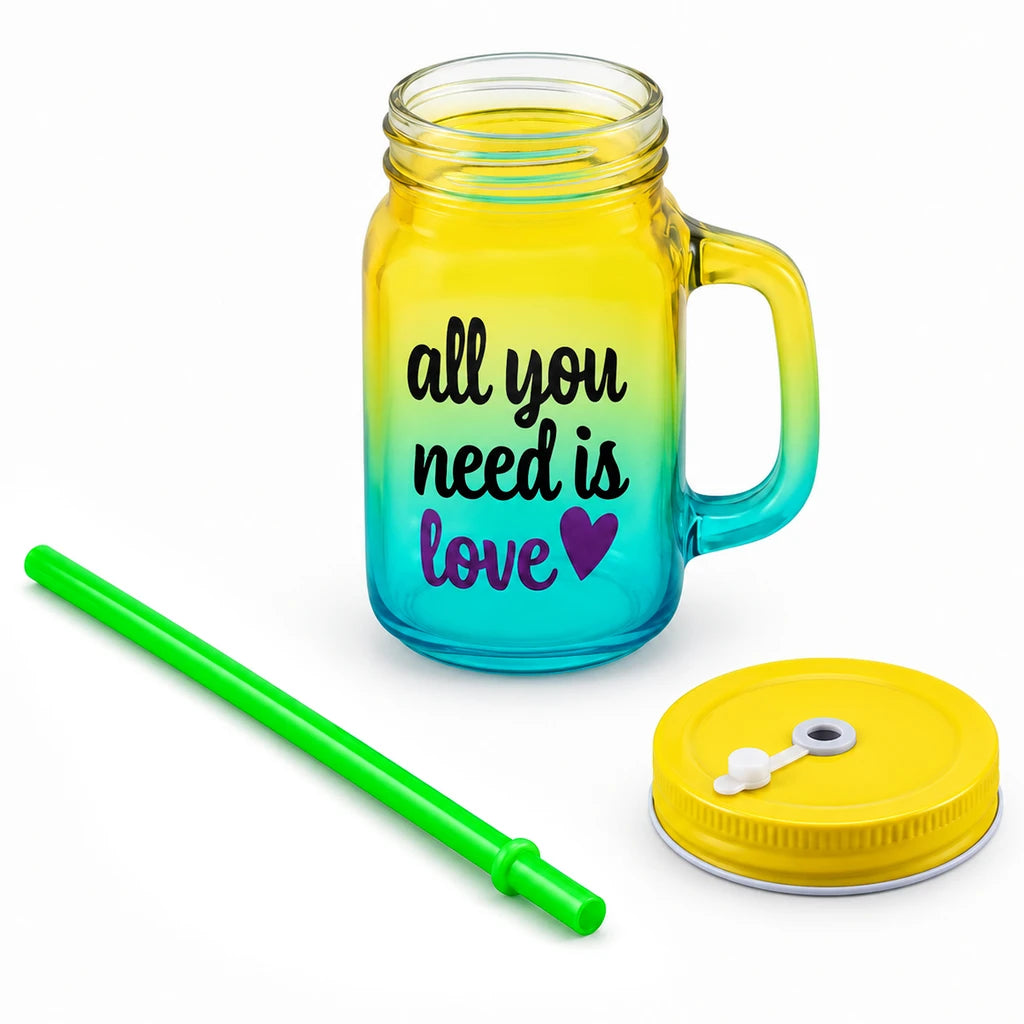 Kleeyo Yellow-Blue All You Need Is Love Glass Mason Jar, 450 ml